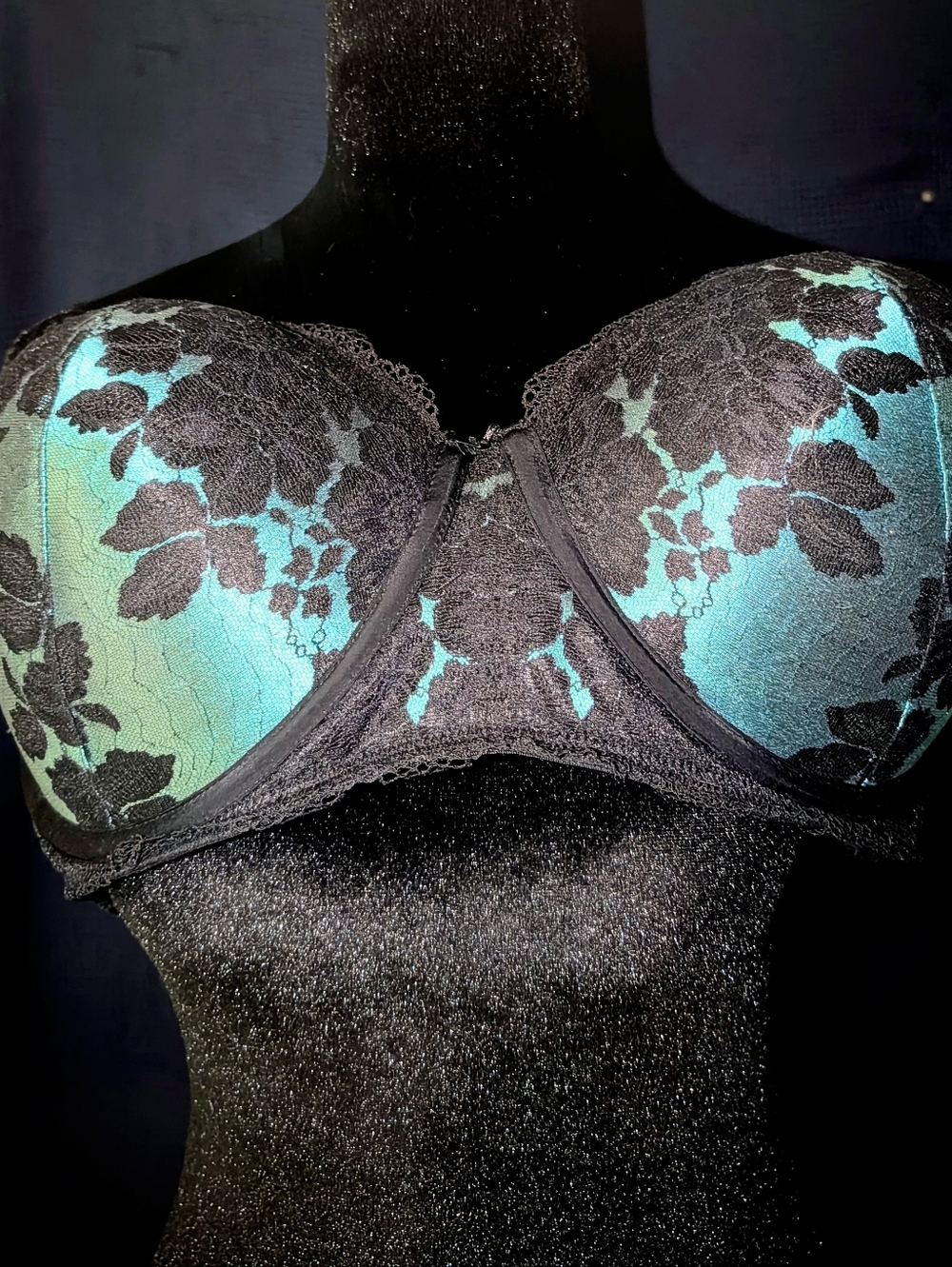Black Lace Underwire Bra with Teal Accents 38DDD